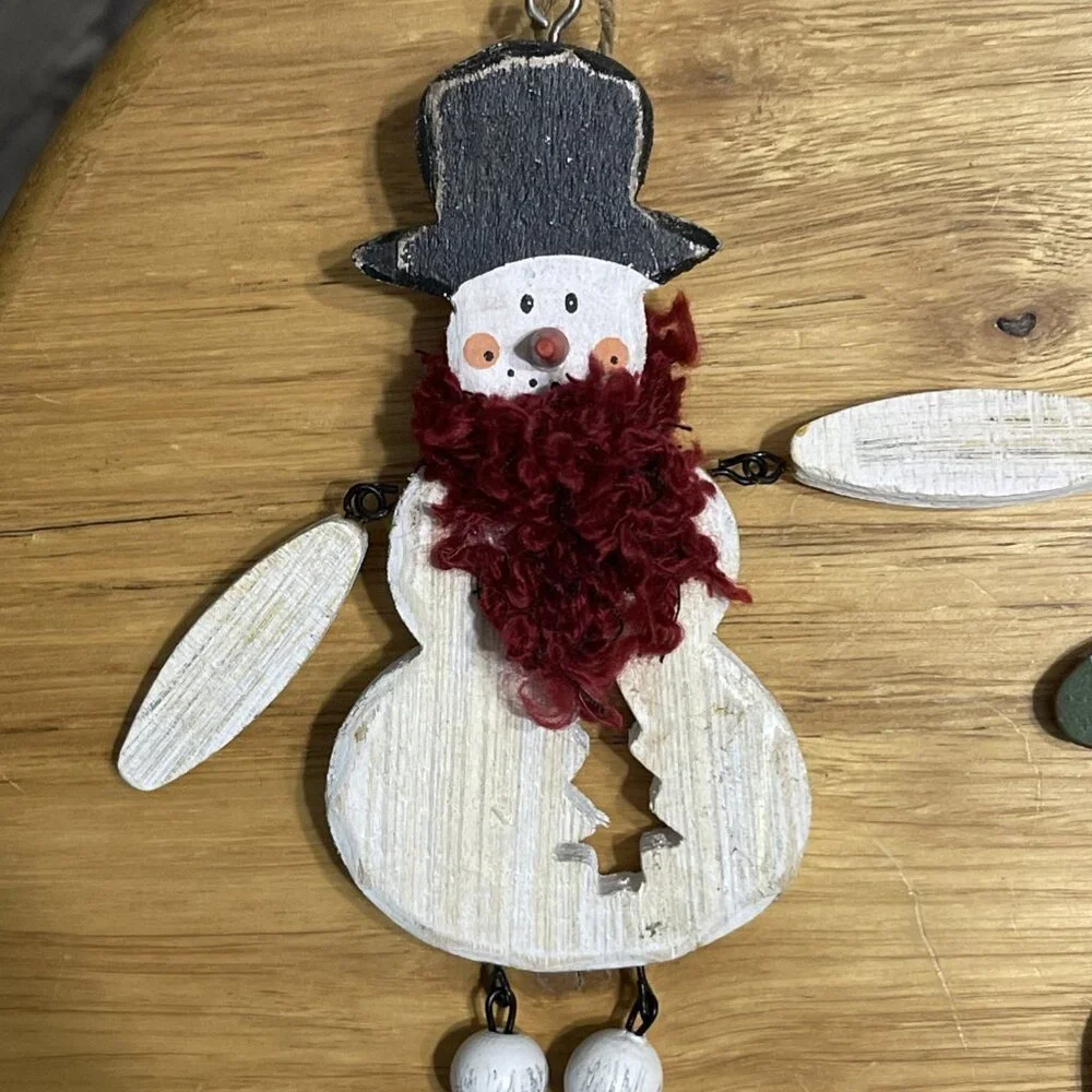 Christmas Ornament‎ Santa with Hat And Snowman Beaded Legs Set Of 2 Wooden